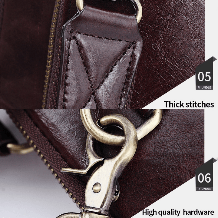Men Genuine Leather Multi-Pocket Handbag Teacher Bag Retro Large Capacity 14 Inch Laptop Bag Crossbody Shoulder Bags - MRSLM