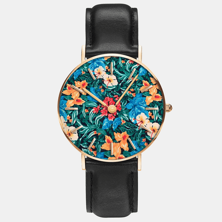Ultra Thin Oil Painting Women Casual Elegant Wrist Watch Flower Leaf Quartz Watch - MRSLM