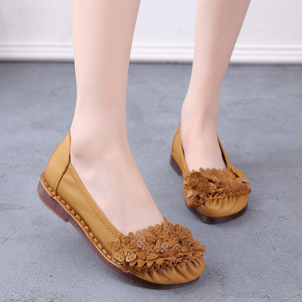 Women'S Solid Color Floral Pleated Soft Flat Driving Shoes - MRSLM
