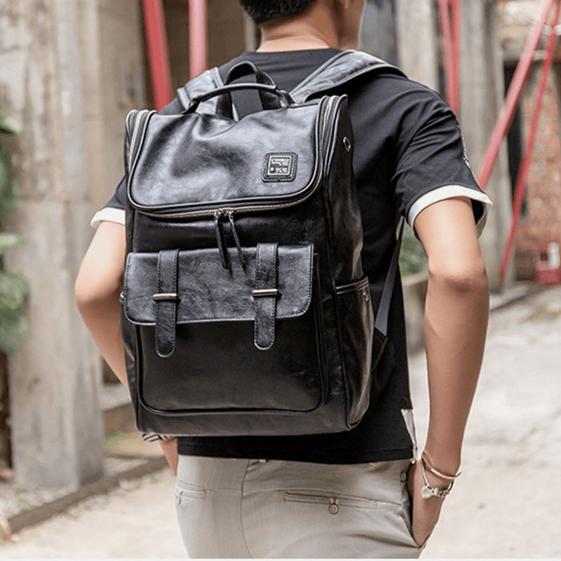 Men PU Leather Fashion Trend Large Capacity 15 Inch Laptop Bag Student School Bag Travel Bag Backpack - MRSLM