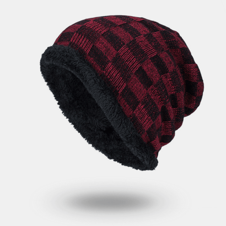 Unisex Plush Outdoor Winter plus Velvet Thicken Warm Contrasting Color Small Square Knitted Hat Beanie Hat - MRSLM
