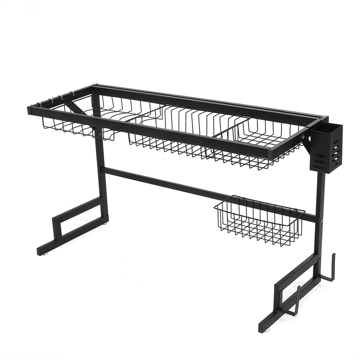 2 Tier Dish Drainer over Double Sink Drying Rack Draining Tray Fruit Plate Bowl Kitchen Storage Rack - MRSLM