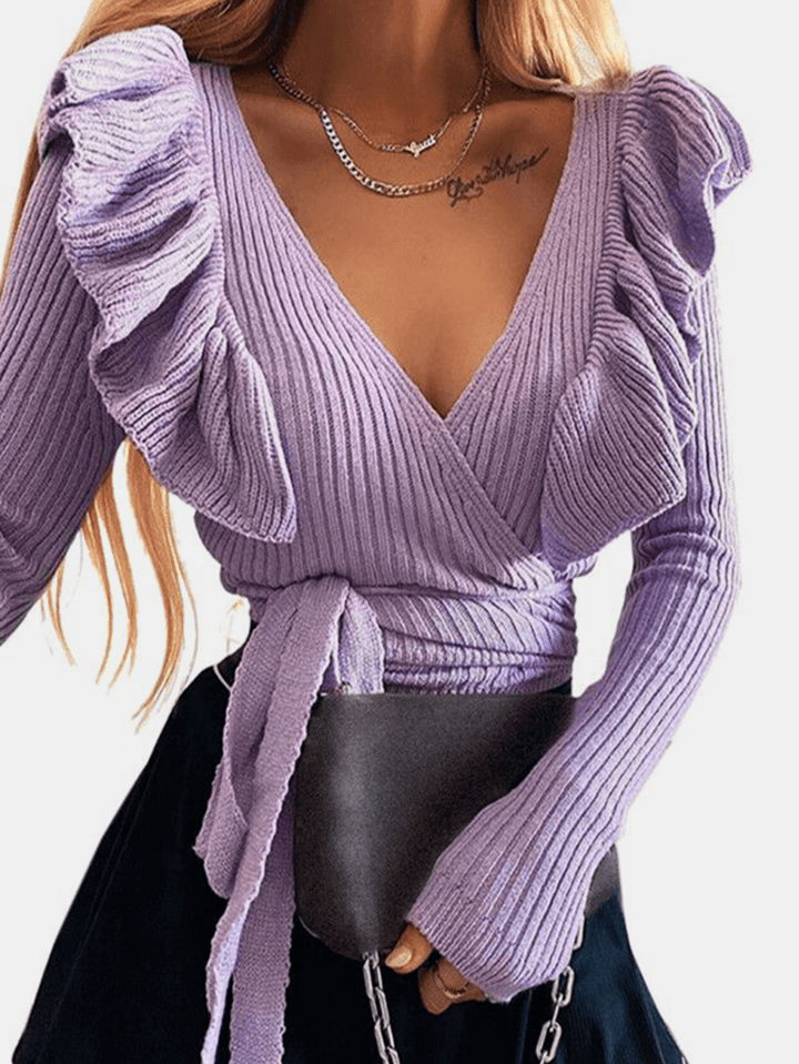 Women V-Neck Ruffle Trim Elegant Knitted Sweaters - MRSLM