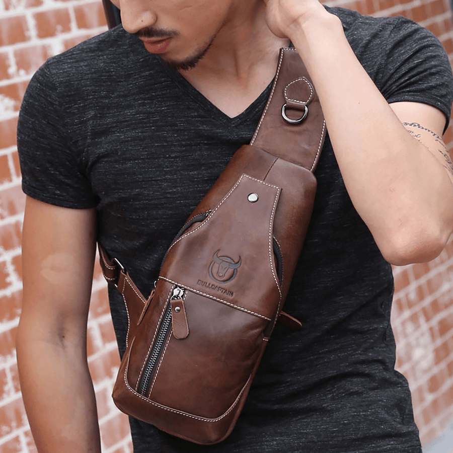 Bullcaptain Men Genuine Leather Wear Resisting Textured Business Casual Brown Black Chest Bag Shoulder Crossbody Bag - MRSLM