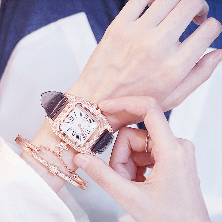 2Pcs/ Set Women Wristwatch Set Square Bling Rhinestone Dial Leather Strap Quartz Watch Star Pendant Bangle Jewelry Gift for Girlfriend - MRSLM