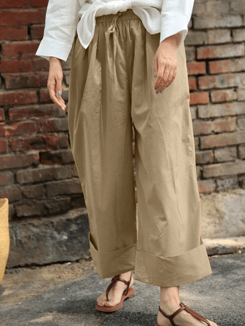 Women Casual Drawstring Waist Solid Holiday Vintage Wide Leg Pants with Pockets - MRSLM