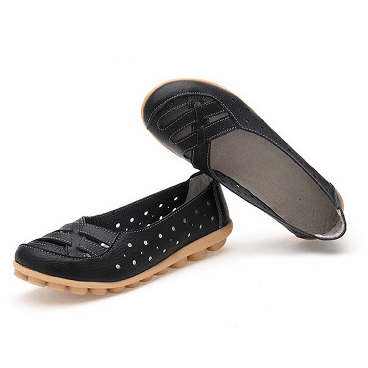 Women Flats Shoes Comfortable Soft Slip on Hollow Out Leather Casual Flat Loafers Shoes - MRSLM