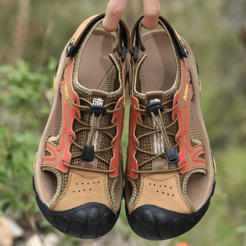 Men Anti-Collision Toe Cap Outdoor Hiking Genuine Leather Sandals - MRSLM