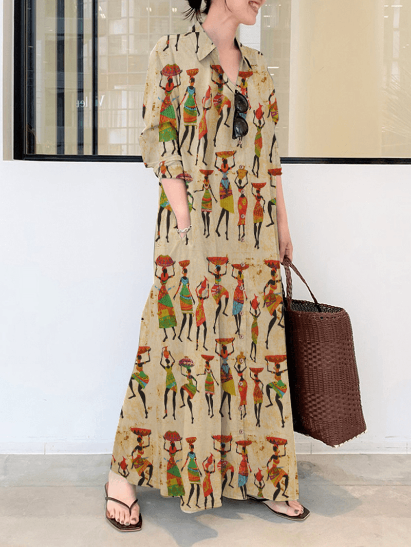 Women Ethnic Figure Print Lapel Long Sleeve Shirt Maxi Dresses with Pocket - MRSLM