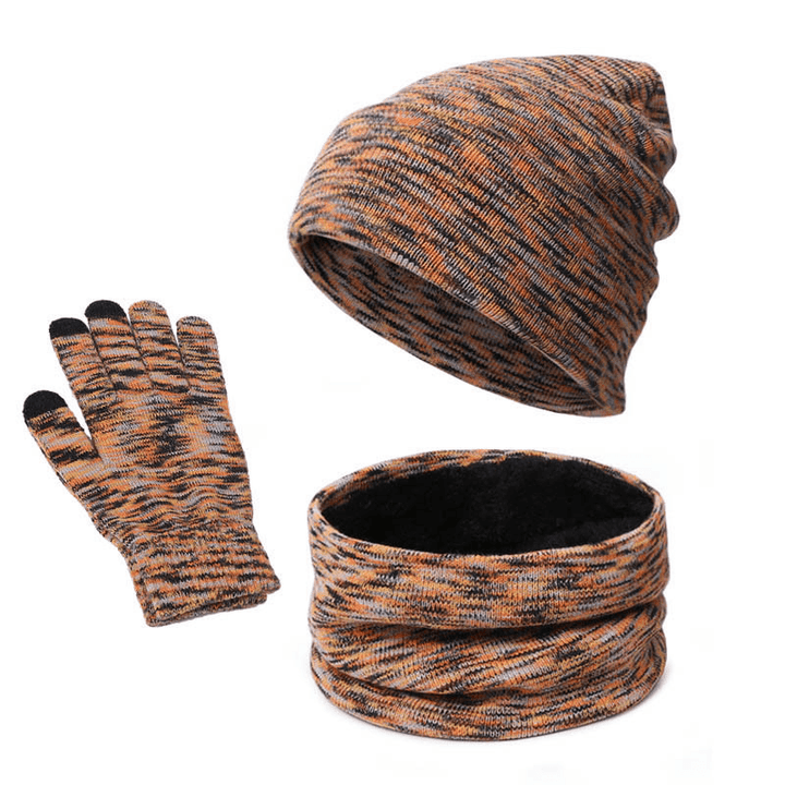 Knitted Three-Piece Hat Scarf Touch Screen Gloves plus Velvet Outdoor Solid Color - MRSLM