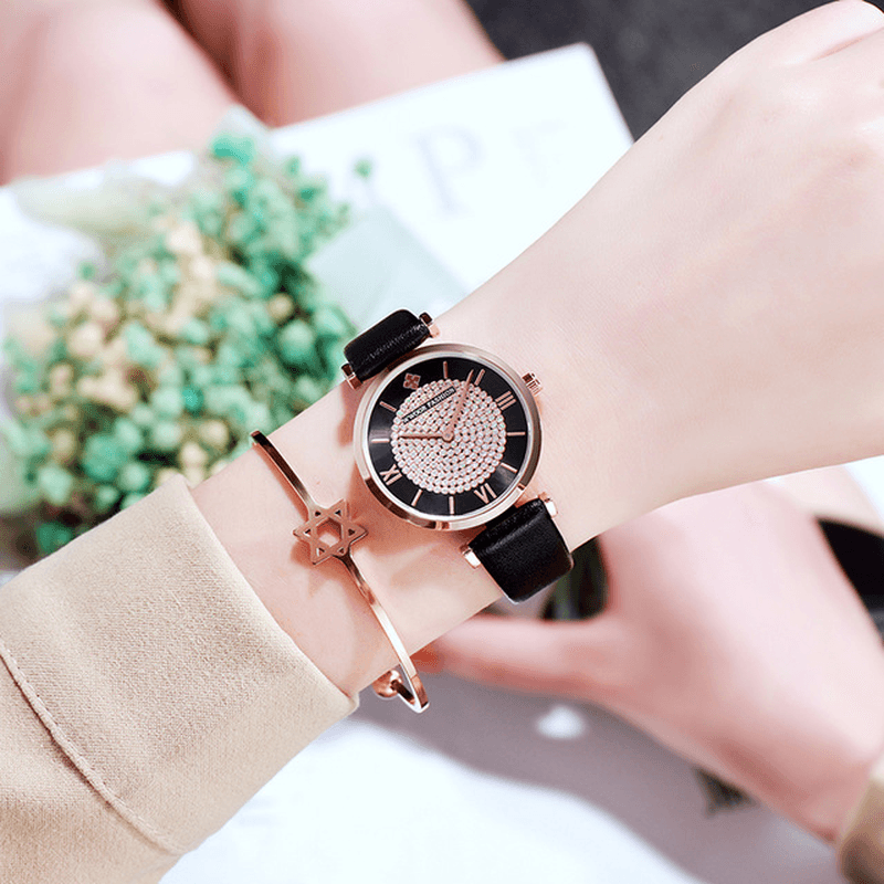 WWOOR 8851 Sky Diamond Dial Ladies Wrist Watch Leather Watch Band Quartz Watch - MRSLM