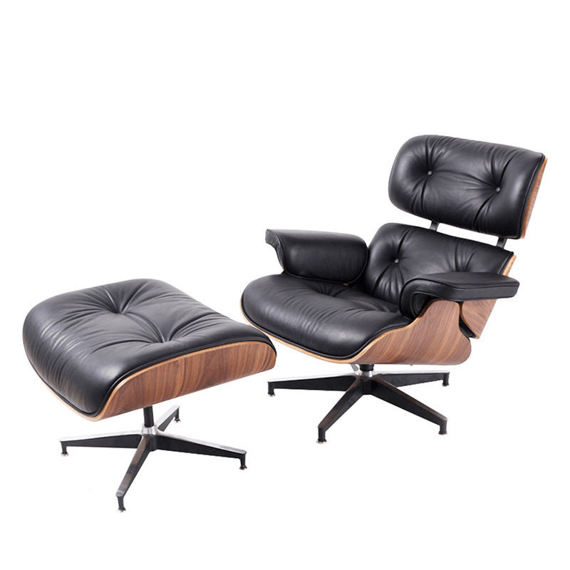 Full Black Genuine Leather Recliner Lounge Chair & Ottoman Set with Aluminum Base Support for Living Room - MRSLM