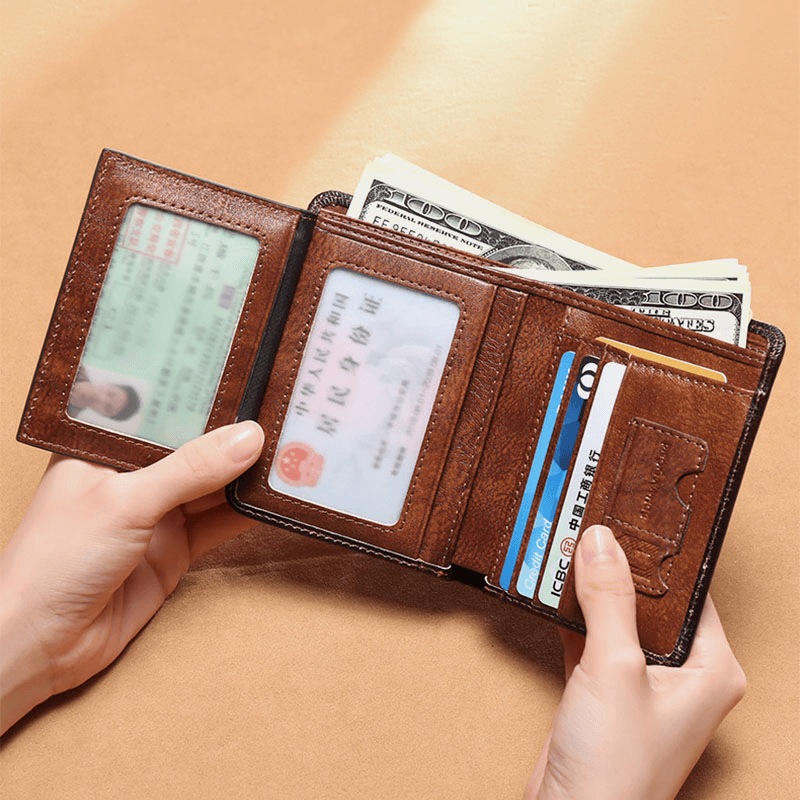 Men Genuine Leather RFID Anti-Theft Multifunction Retro Large Capacity Foldable Card Holder Wallet - MRSLM