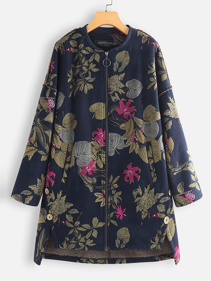 Women Long Sleeve Floral Print Zipper Coats - MRSLM