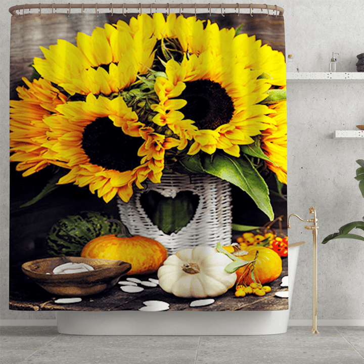 4PCS Non Slip Sunflower Pattern Toilet Polyester Cover Mat Set Waterproof Bathroom Shower Curtains - MRSLM