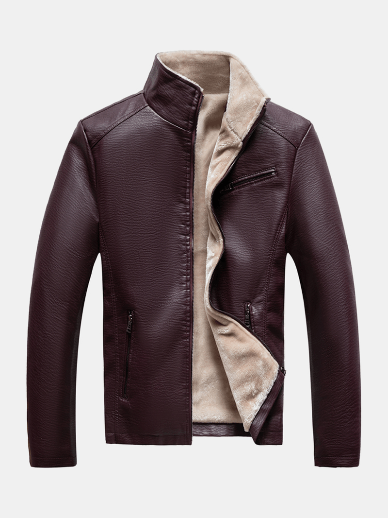 Mens Solid PU Leather Zip Front Stand Collar Thicken Biker Jackets - MRSLM