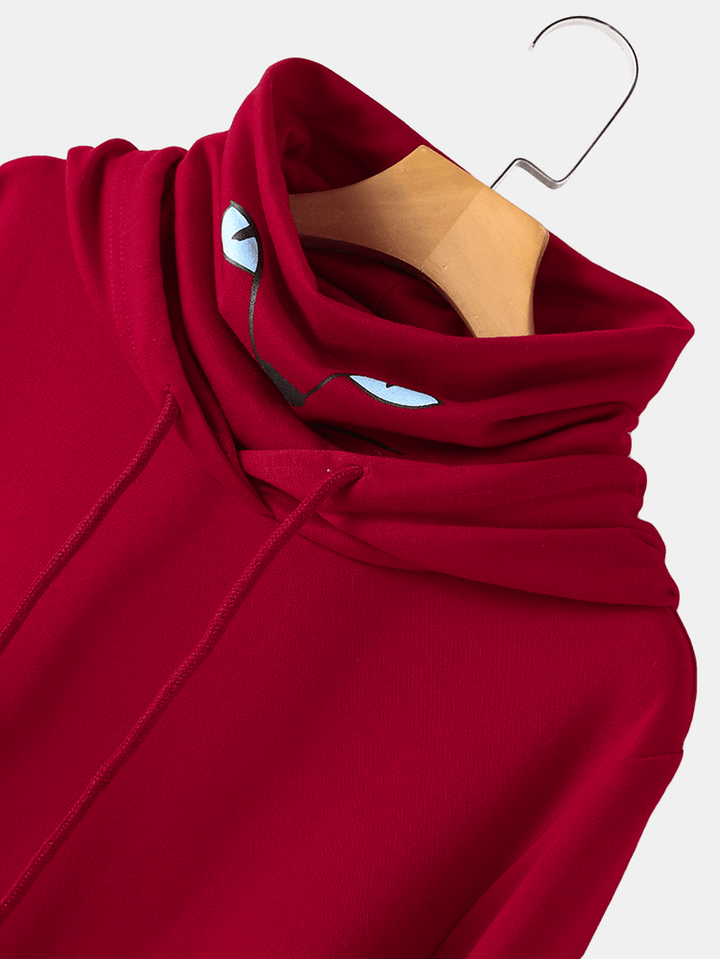 Women Cartoon Cat Print Double Neckline Masked Long Sleeve Hooded Sweatshirts - MRSLM