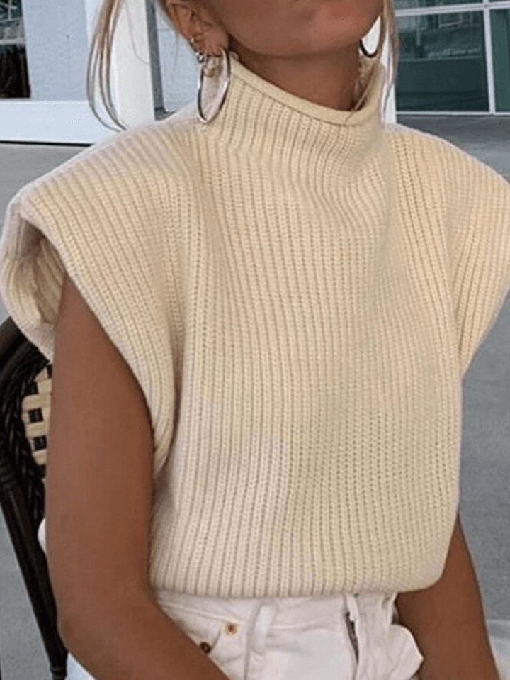 Women High Neck Solid Color Shoulder Padded Cap Sleeve Knitted Sweaters - MRSLM