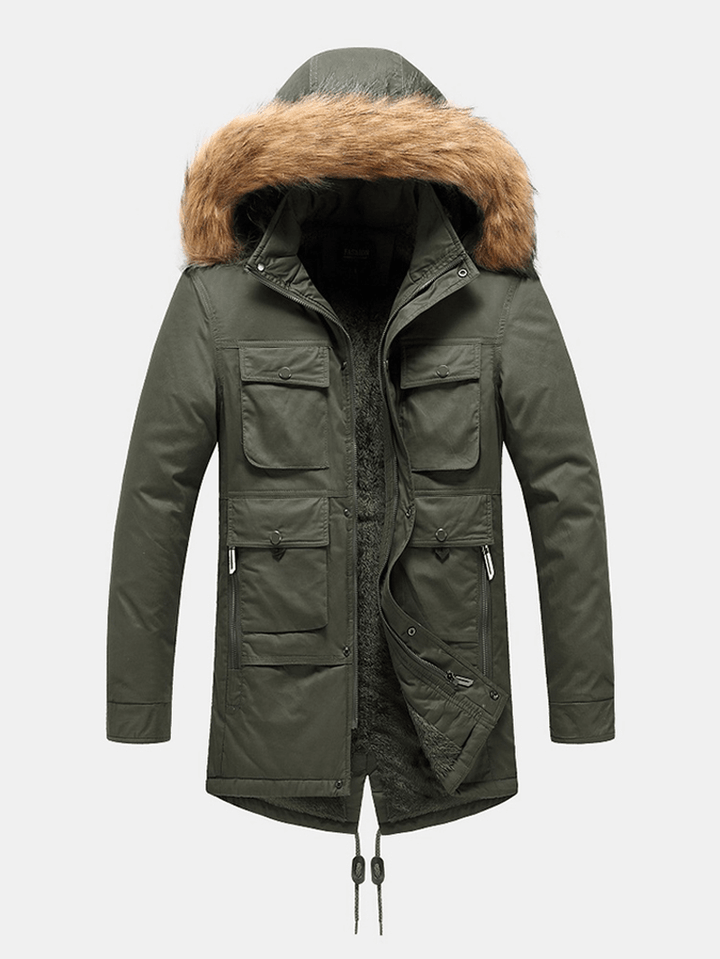 Mens Solid Color Detachable Faux Fur Collar Hooded Warm Fleece Lined Coats - MRSLM