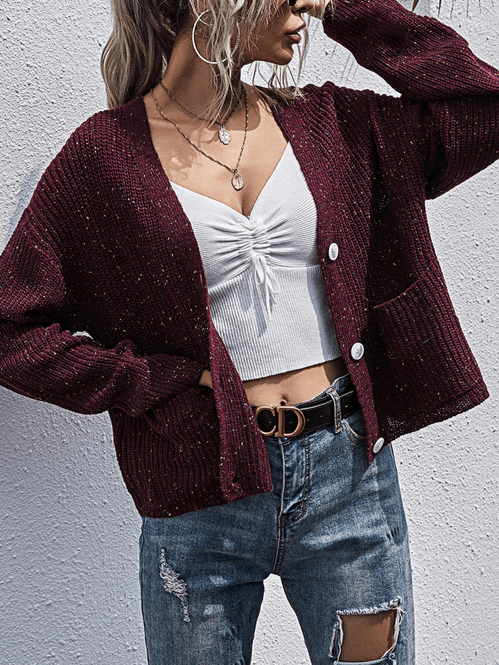 Women Solid V-Neck Button up Knitted Casual Double Pockets Cardigan Sweater - MRSLM