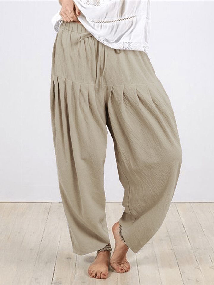 Women Solid Color Cotton Pleats Elastic Waist Drawstring Loose Pants - MRSLM