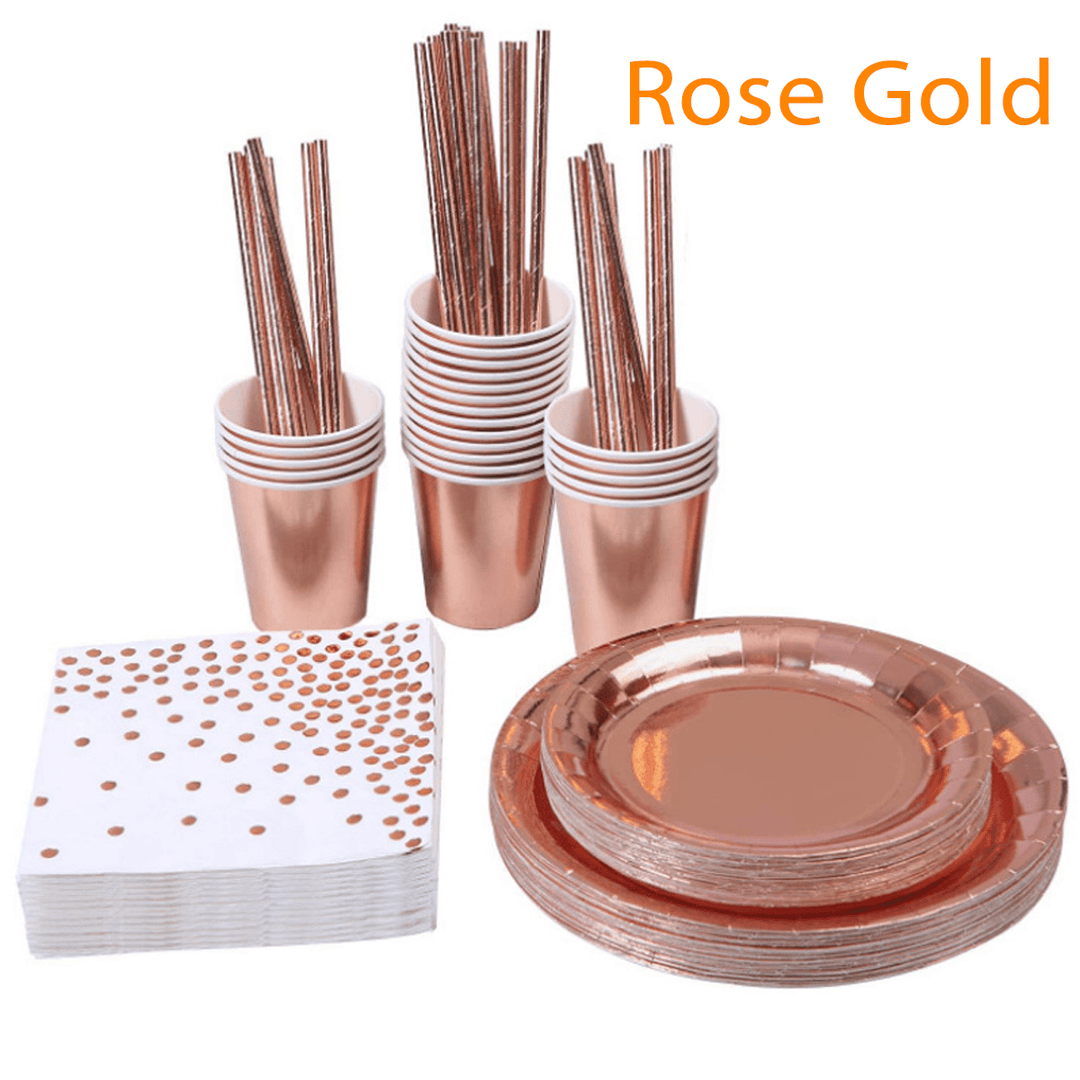 125Pcs Party Disposable Tableware Set Festival Paper Cups Camping Fork Spoon Rose Gold Plates Straws Table - MRSLM