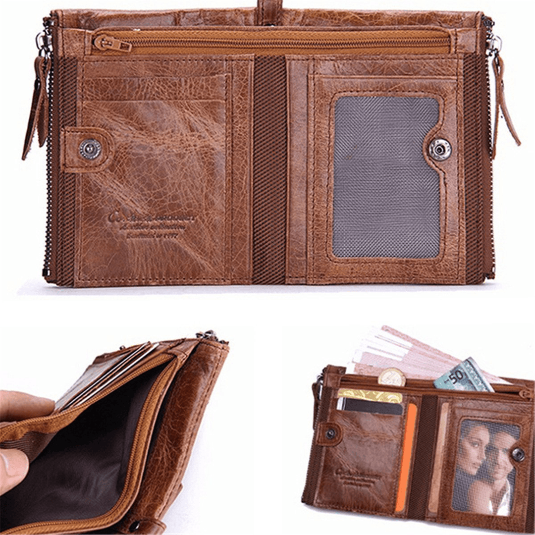 Men Genuine Leather Bifold Hasp Multi-Card Slot Card Holder Retro Double Zipper Pocket Coin Purse Short Money Clip Wallet - MRSLM