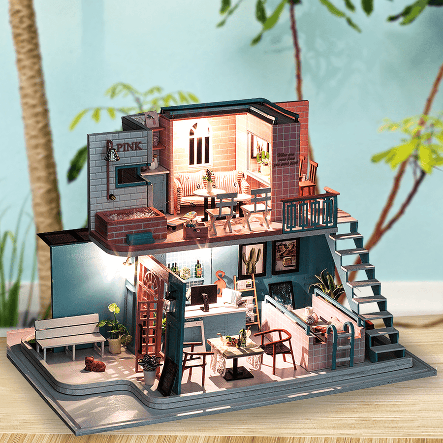 Handmade 3D Wooden Miniatures Doll House Pink Cafe Dollhouse Furniture Diy Miniature Toys for Girls Birthday Gifts - MRSLM