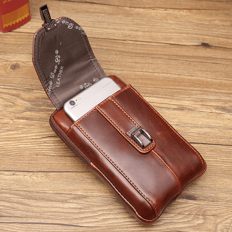 Men Business Waist Bag Genuine Leather Casual 5.2/5.7/6 Inches Phone Bag Shoulder Crossbody Bag - MRSLM