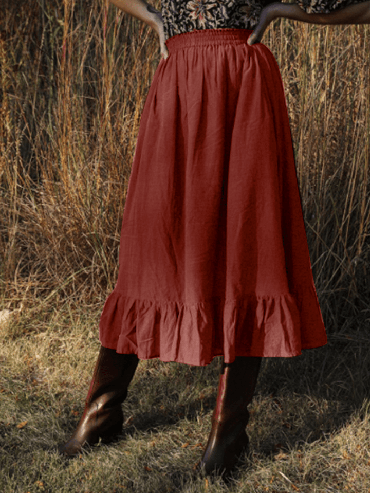 Solid Color A-Line Ruffle Hem Elastic Waist Pleated Casual Skirts for Women - MRSLM