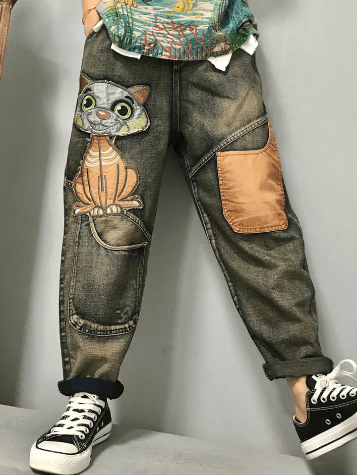 Women Cat Embroidery Patchwork Mid Waist Loose Denim Harem Jeans - MRSLM