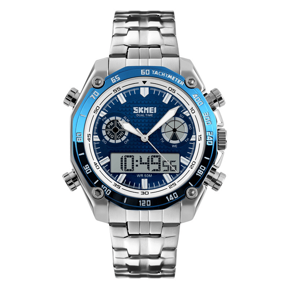SKMEI 1204 Dual Dsplay Digital Watch Men Stainless Steel Strap Luminous Alarm Outdoor Sport Watch - MRSLM
