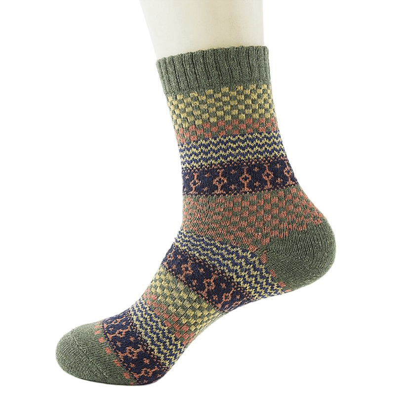 5 Pairs, Men'S Warm Ethnic Wool Socks, Plaid, Geometric Stripesand Ribbed Long Knit - MRSLM