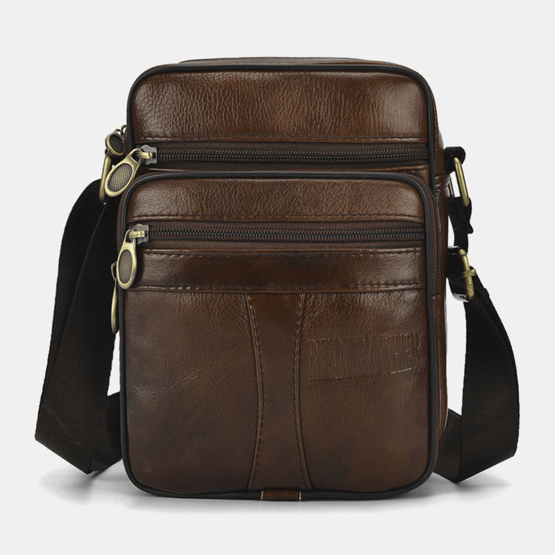 Men Genuine Leather Business Casual Solid Color Leather Shoulder Bag Crossbody Bag - MRSLM