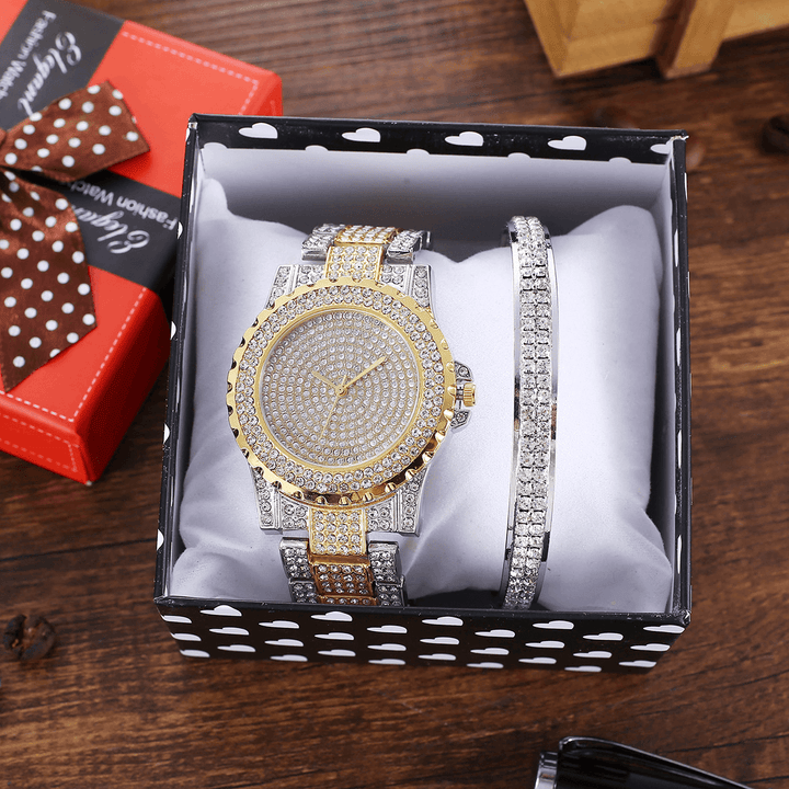 2Pcs Fashion Luxury Full Diamond Steel Band Quartz Watch Punk Rhinestone Bracelet Set - MRSLM