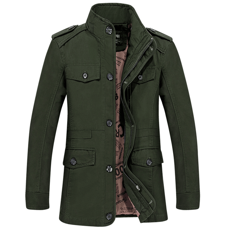 Mens Stand Collar Big Size Cotton Coat Leisure Casual Solid Color Multi Pocket Outdooors Jacket - MRSLM