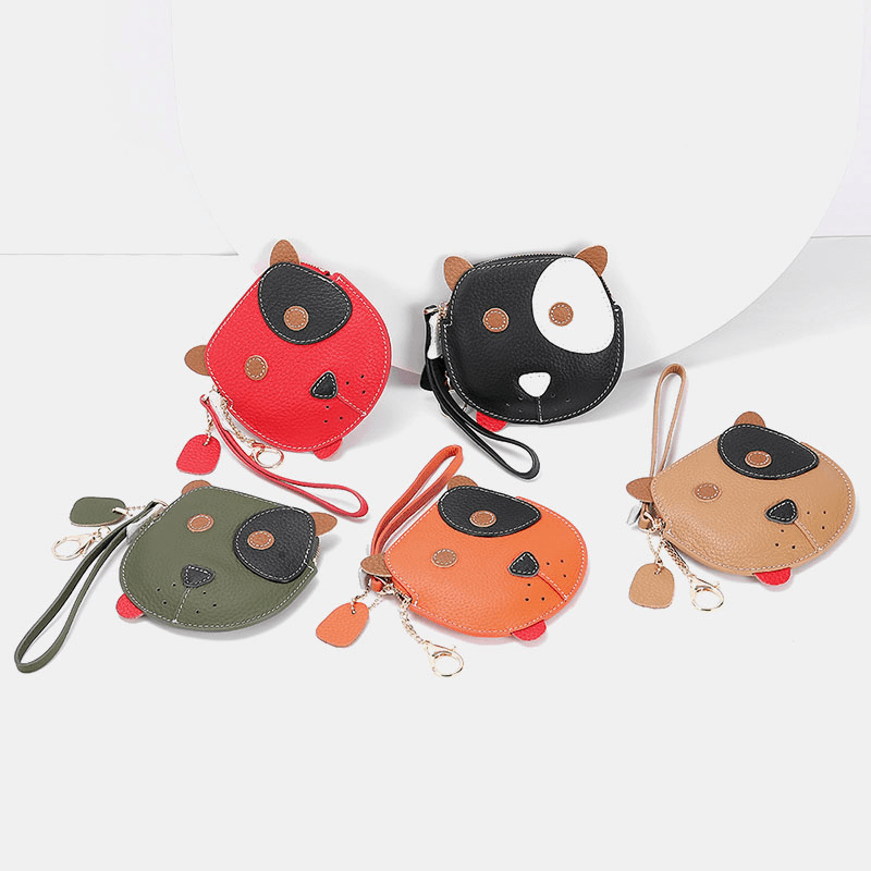 Women Genuine Leather Cowhide Cute Cartoon Dog Pattern Small Storage Bag Coin Bag - MRSLM