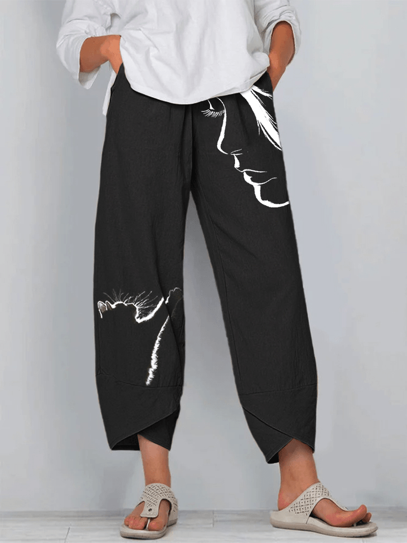 Women Cute Cat Figure Print Elastic Waist Casual Harem Pants with Pockets - MRSLM
