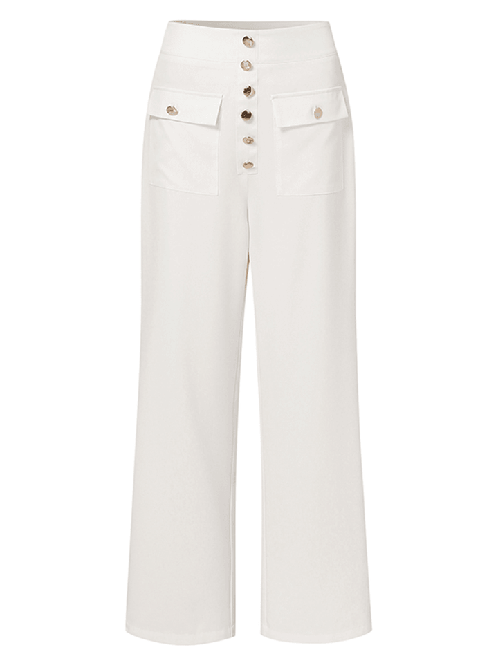 Casual Solid Color High Waist Buttons Zipper Wide Leg Pants for Women - MRSLM