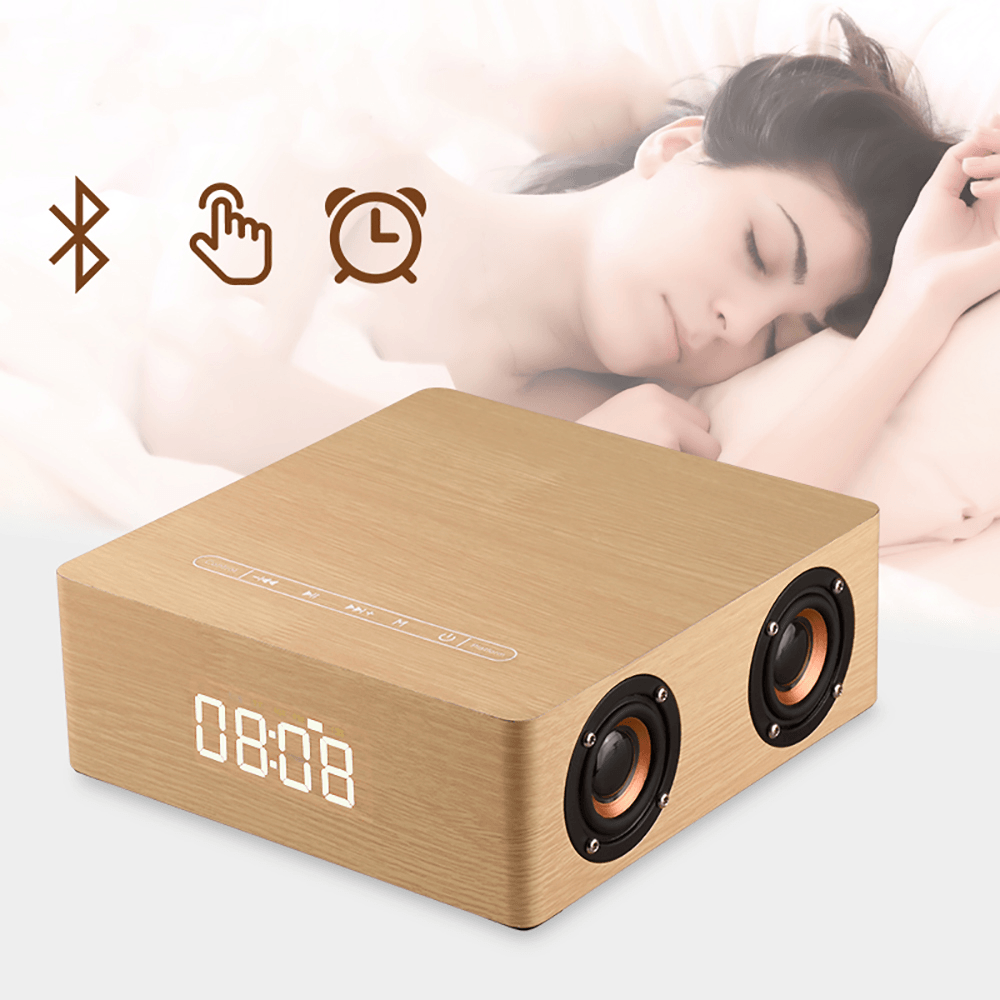 Portable Wooden Bluetooth Speaker 12W 4 Speaker Alarm Clock Display Column 3D Stereo Speaker - MRSLM