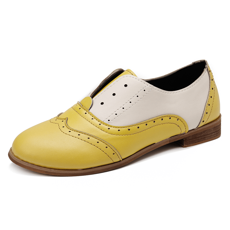 Women Color Splicing Square Heel round Toe Brogue Oxfords Casual Flats Loafers - MRSLM