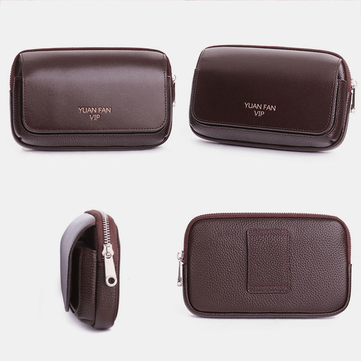 Men Horizontal First Layer Cowhide Large Capacity Waist Bag 6.5 Inch Phone Bag Belt Bag - MRSLM