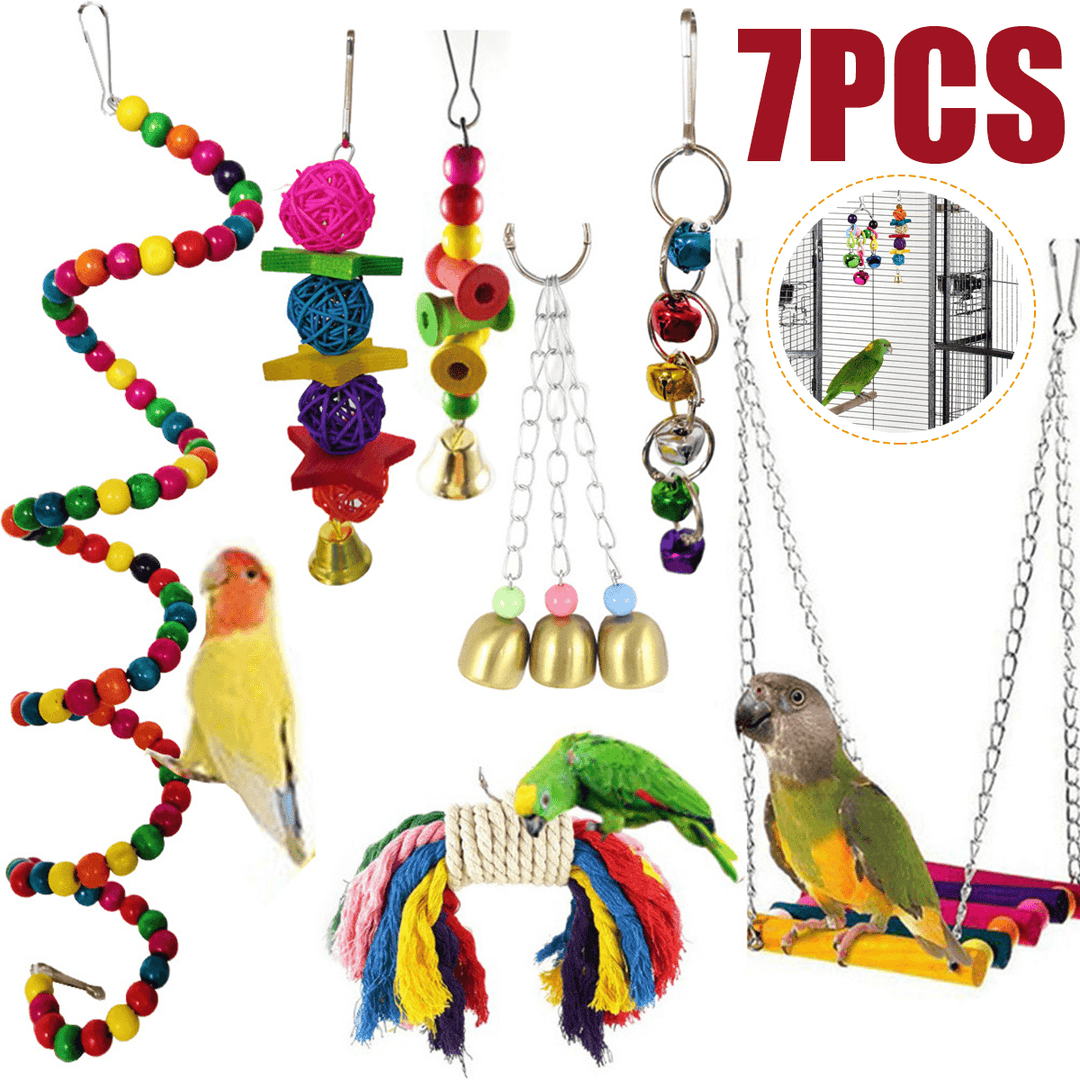 7Pcs/Set Combination Parrot Toy Bird Articles Parrot Bite Toy Parrot Funny Swing Ball Bell Standing Training Toys - MRSLM