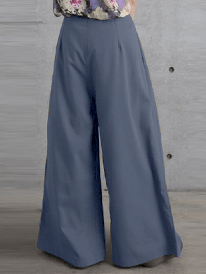 Women Side Zipper Solid Color Casual Wide Leg Pants with Pocket - MRSLM