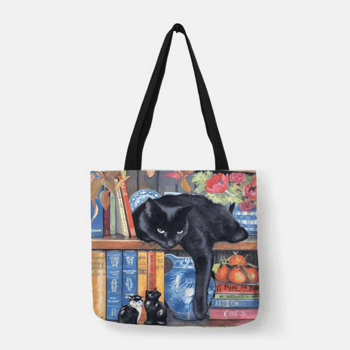 Women Canvas Cute Cartoon Oil Painting Cats Printing Waterproof Shopping Bag Shoulder Bag Handbag - MRSLM