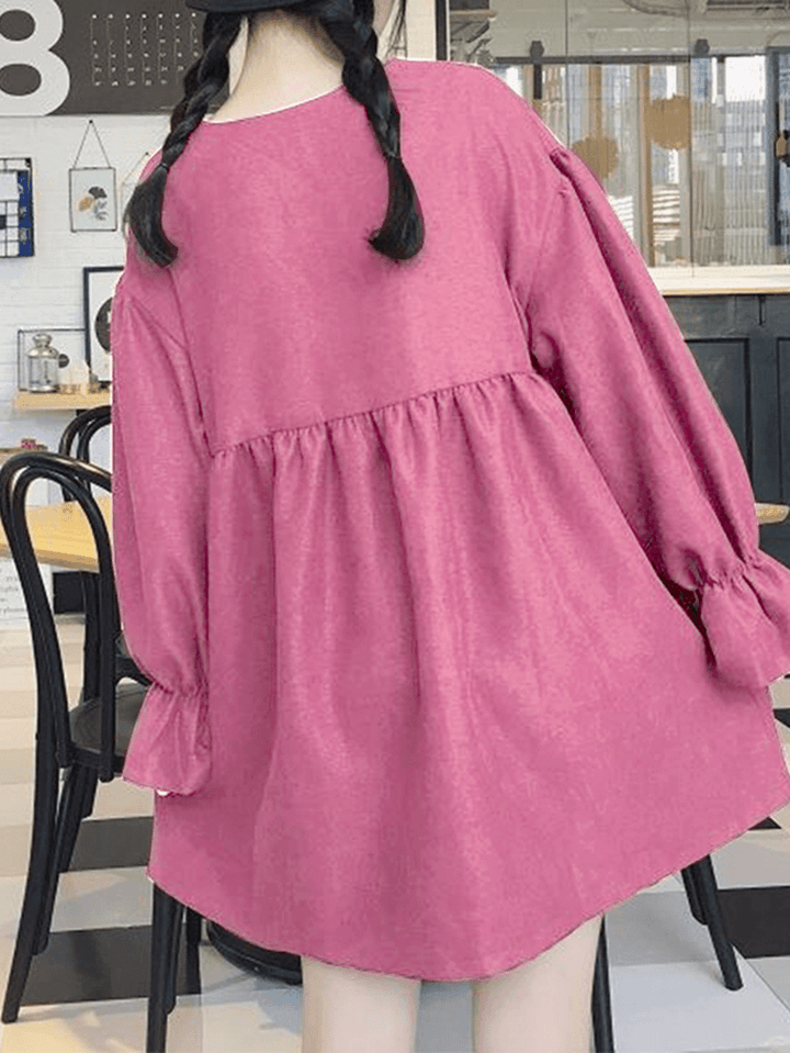 Pleating Longsleeve Solid Color Dress Korean Style Dresses - MRSLM
