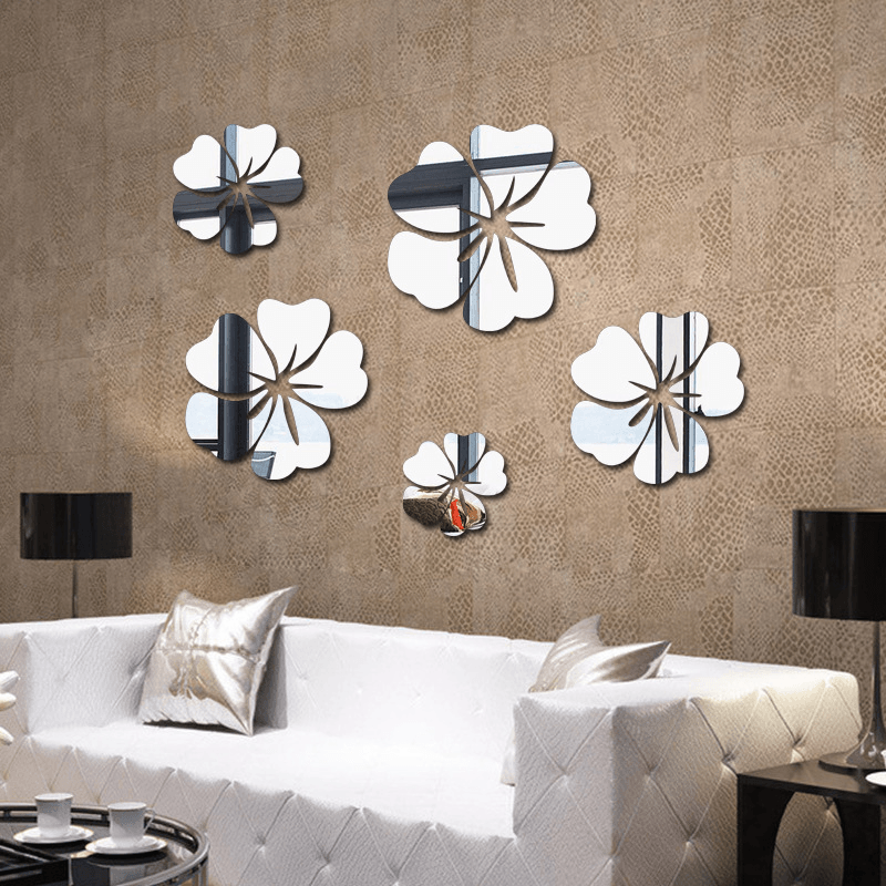 5Pcs Flower Pattern Mirror Sticker Home Decor 3D Decal Art DIY Mural Decal for Living Room Decoration PVC Self Adhesive Poster - MRSLM
