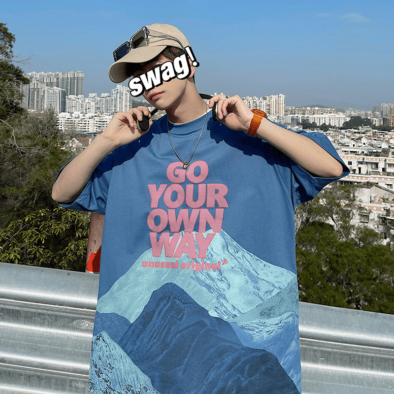 2021 Summer Ins Super Fire Snow Mountain Print Short-Sleeved T-Shirt Male Tide Brand Street Hip-Hop Half-Sleeved Tee - MRSLM