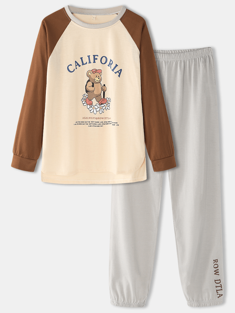 Women Cartoon Bear Pattern Letter Print Raglan Sleeve Pullover Pocket Pants Home Pajama Sets - MRSLM