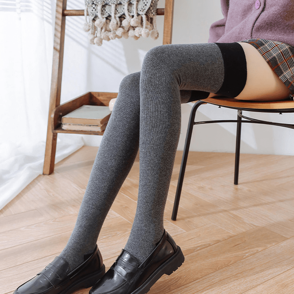Women Cotton Casual Sweet Contrast Color Footsocks over Knee Leggings Thigh Socks Stocking - MRSLM
